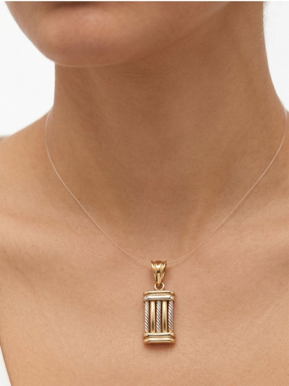 Two-Tone Gold Shell Column Pendant - Ribbed & Twisted Rope Mixed Metal Charm - Picture 2 of 10